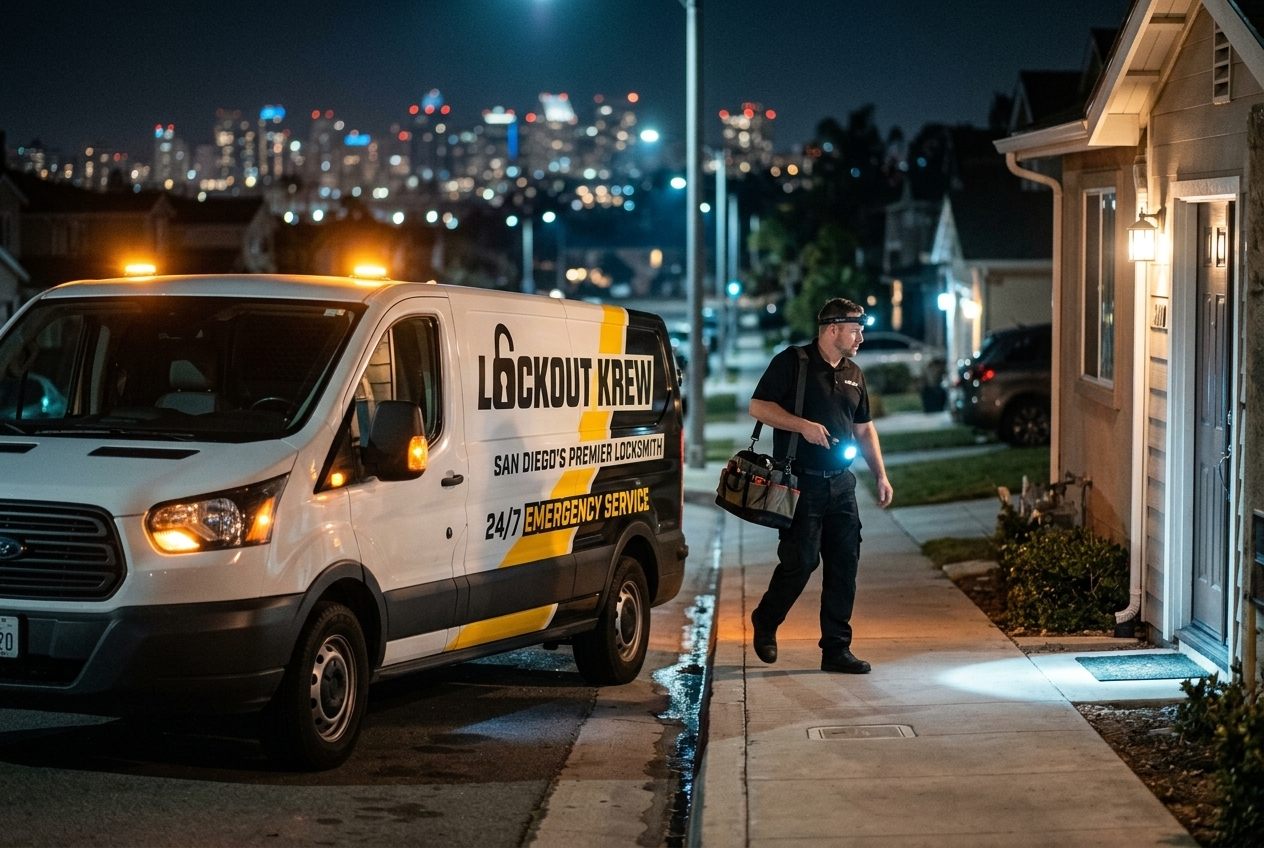 Lockout Krew van responding to a late night emergency lockout call in San Diego with city lights behind