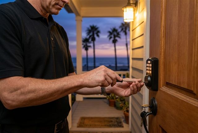Lockout Krew locksmith opening a smart lock keypad at a beach vacation rental in Mission Beach San Diego at night