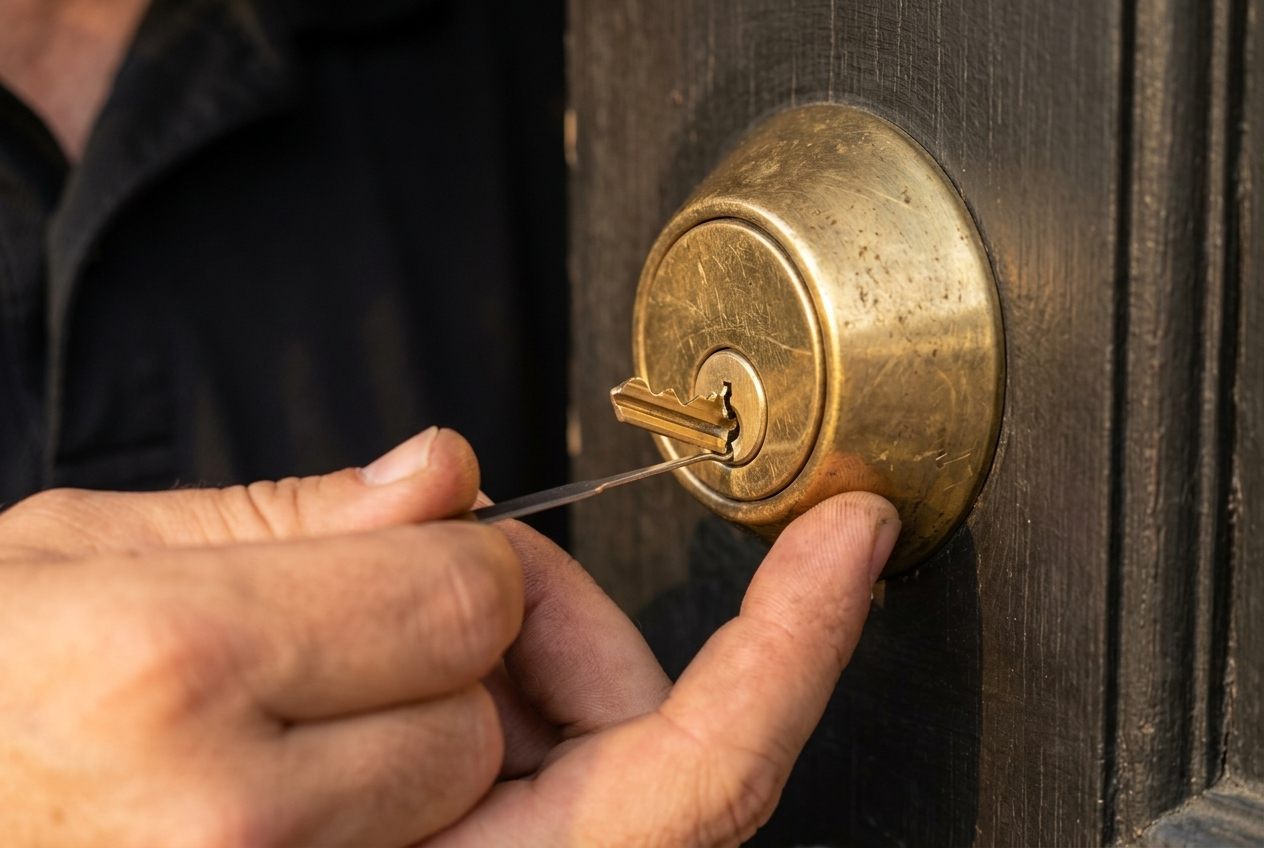 Close-up of a locksmith using an extractor tool to remove a snapped key from a deadbolt in San Diego
