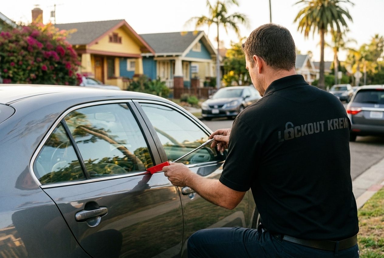 Lockout Krew technician using an air wedge and long-reach tool to open a locked car door in San Diego