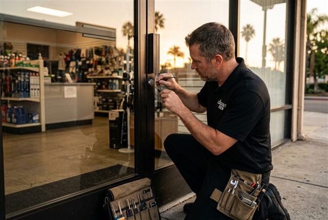 Lockout Krew technician opening a locked storefront glass door for a business owner in San Diego before opening time