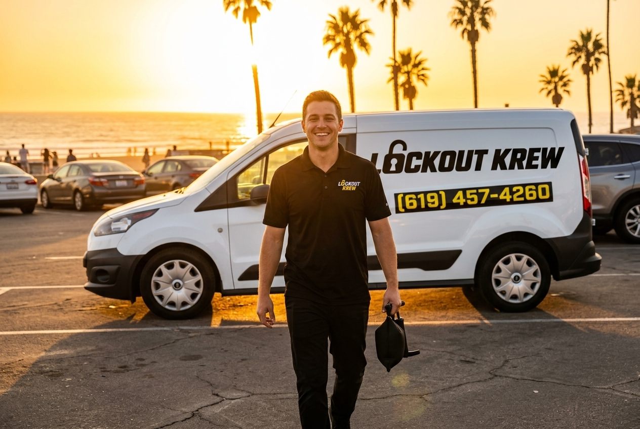Lockout Krew locksmith technician walking from his branded service van at golden hour in a Pacific Beach parking lot, San Diego
