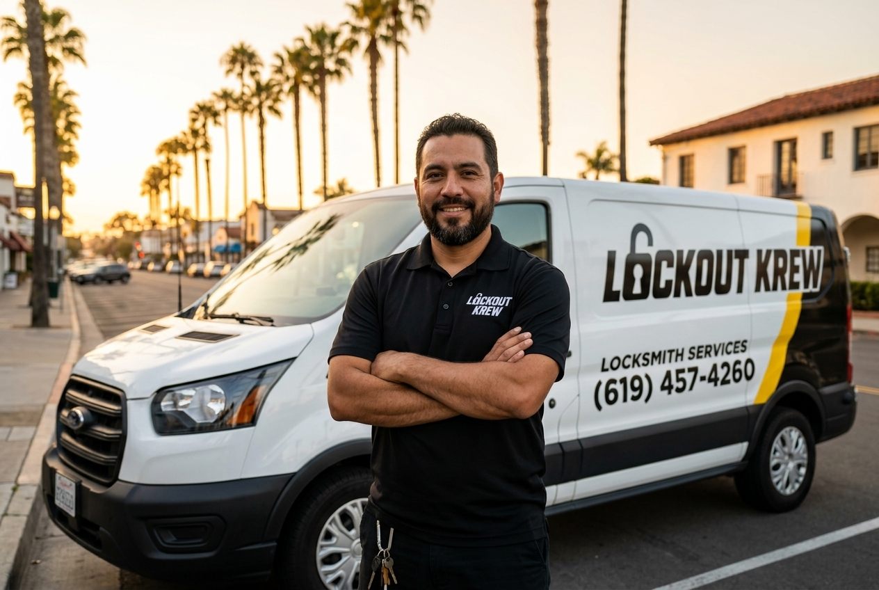 Lockout Krew locksmith standing with his marked service van in San Diego
