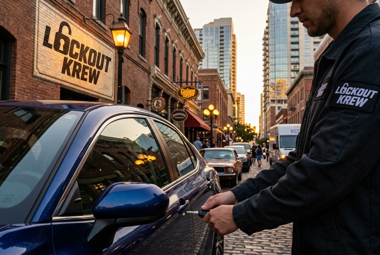Lockout Krew technician opening a locked car door in a Downtown San Diego parking garage near the Gaslamp Quarter at night