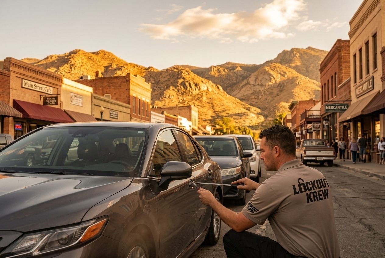 Lockout Krew technician opening a locked car door for a customer in an El Cajon parking lot at night
