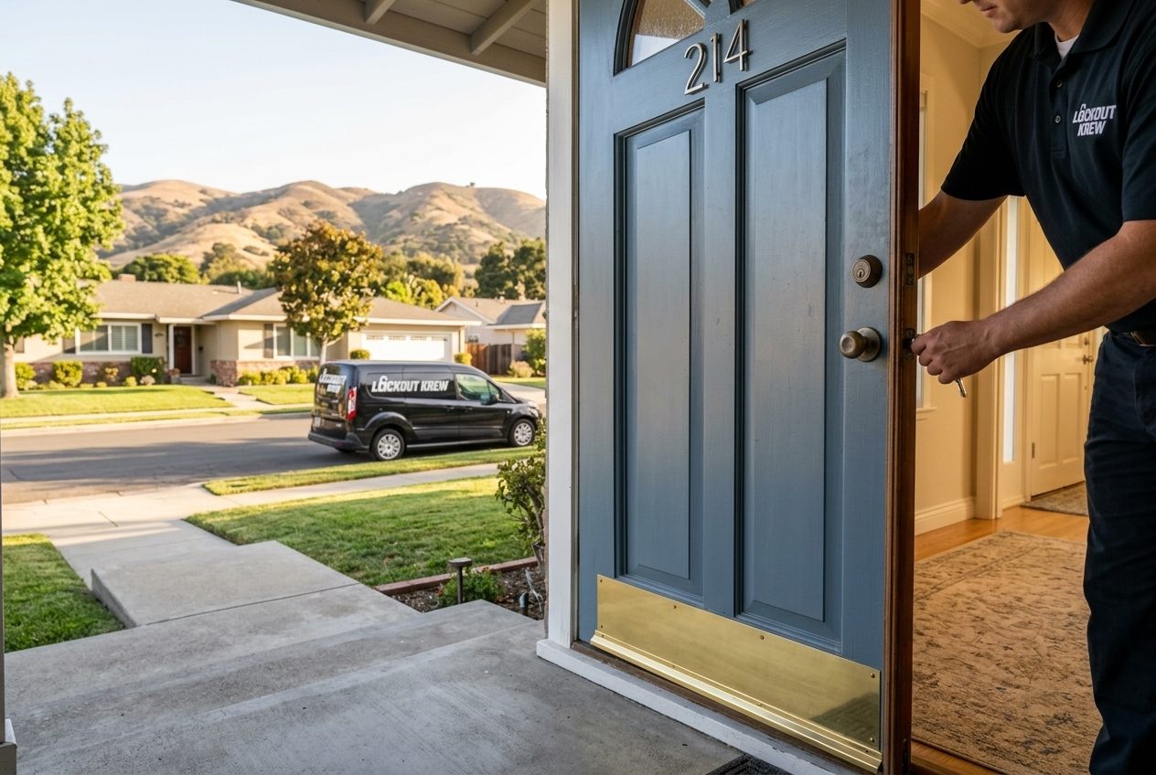 Lockout Krew technician opening a locked car door at night outside a Mira Mesa shopping center