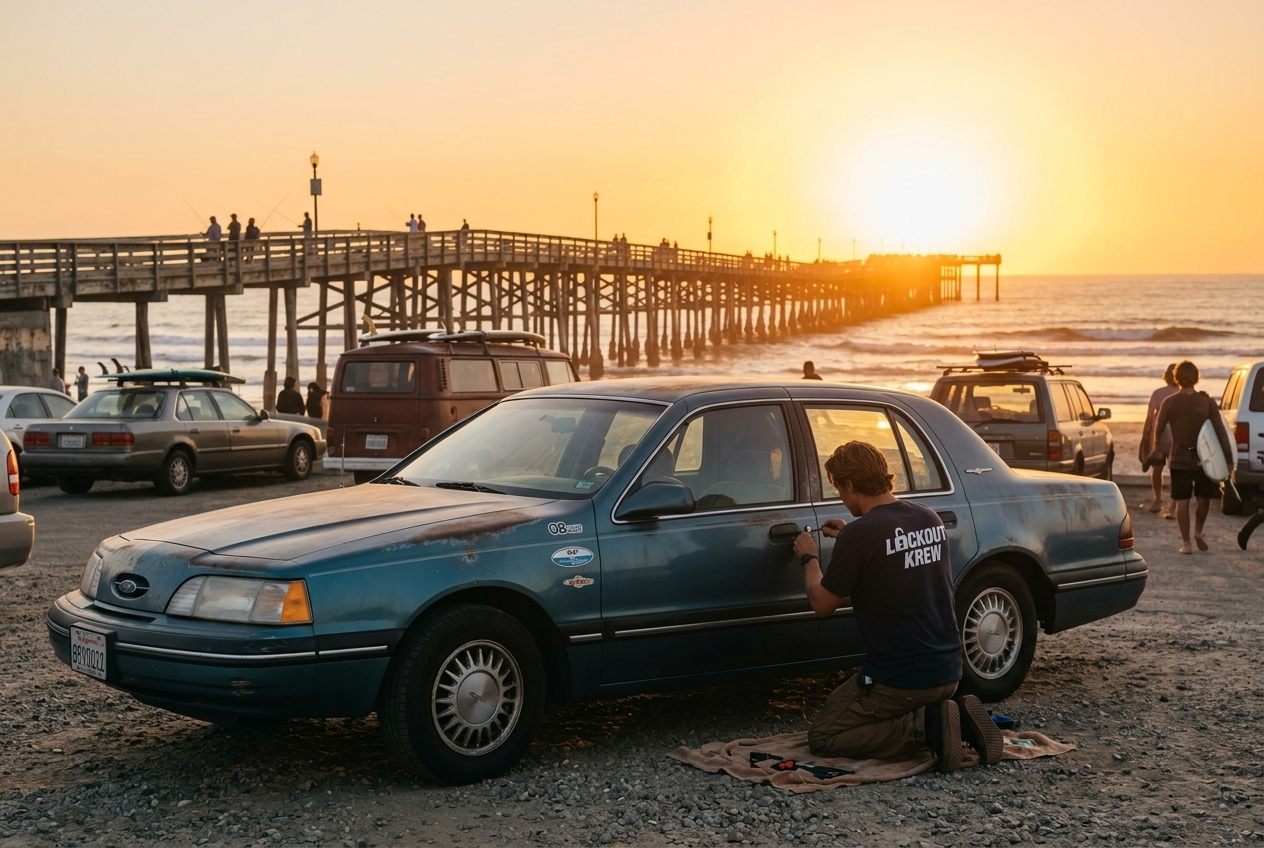 Lockout Krew locksmith opening a locked car door at night near the Newport Avenue strip in Ocean Beach, San Diego