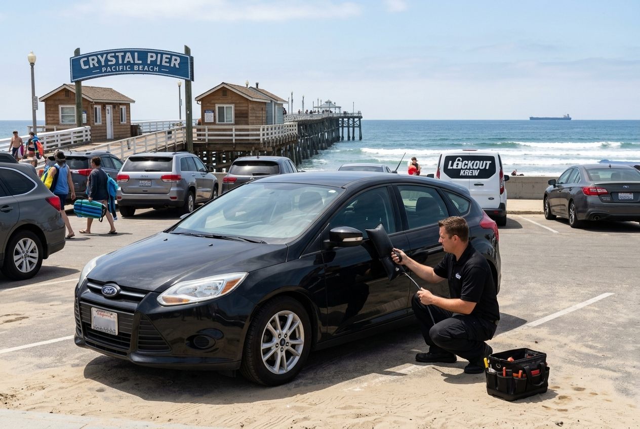 Lockout Krew locksmith performing a car lockout near Crystal Pier in Pacific Beach, San Diego