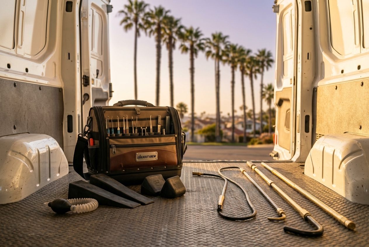 Lockout Krew tool bag, air wedges and long-reach unlock tools laid out in the service van in San Diego