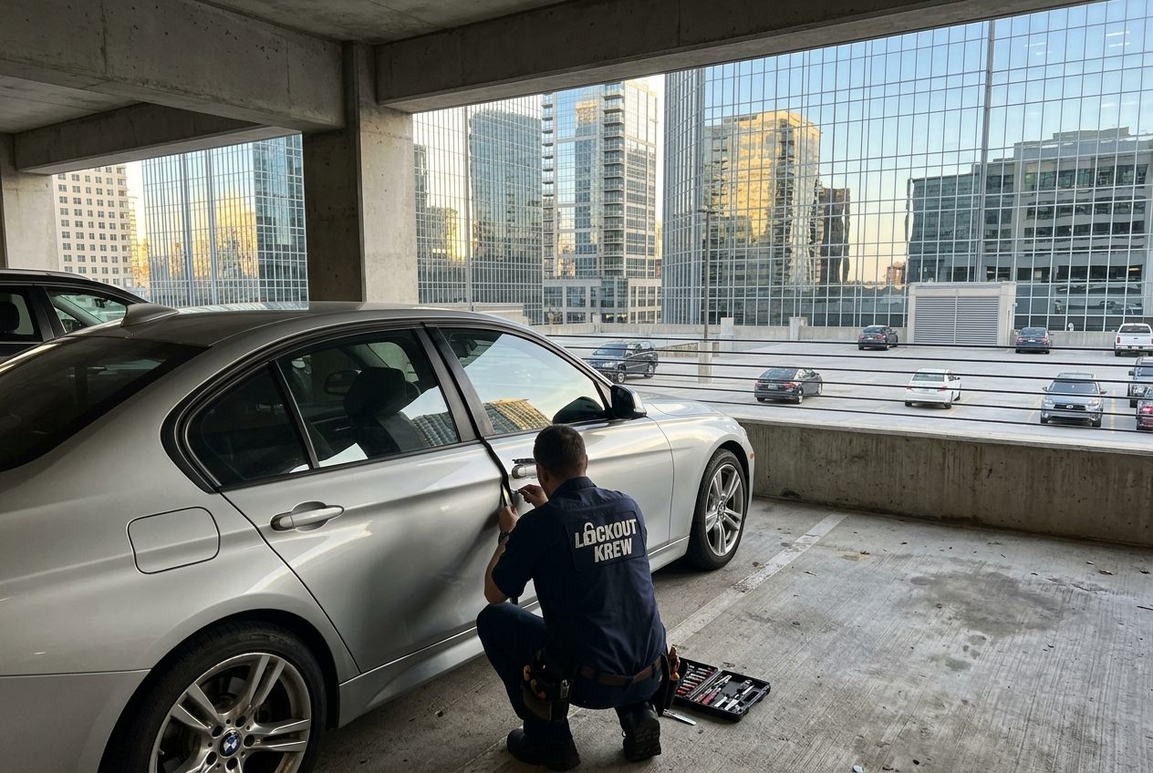 Lockout Krew technician opening a locked car door in a University City parking structure near UTC, San Diego