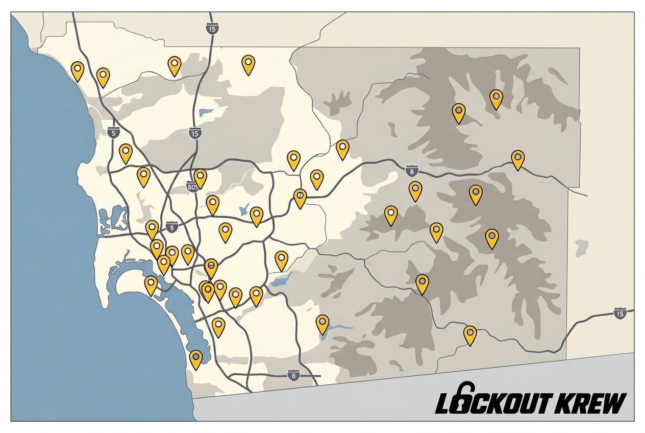 Illustrated map of Lockout Krew's locksmith service area across San Diego County, from La Jolla and the beaches to San Ysidro and East County